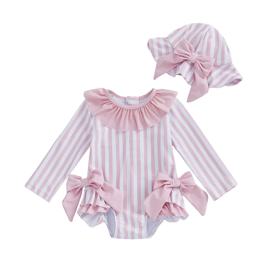 Baby Girls Swimsuit Striped Bow Bikini with Hat Newborn Swimwear for Summer Bathing