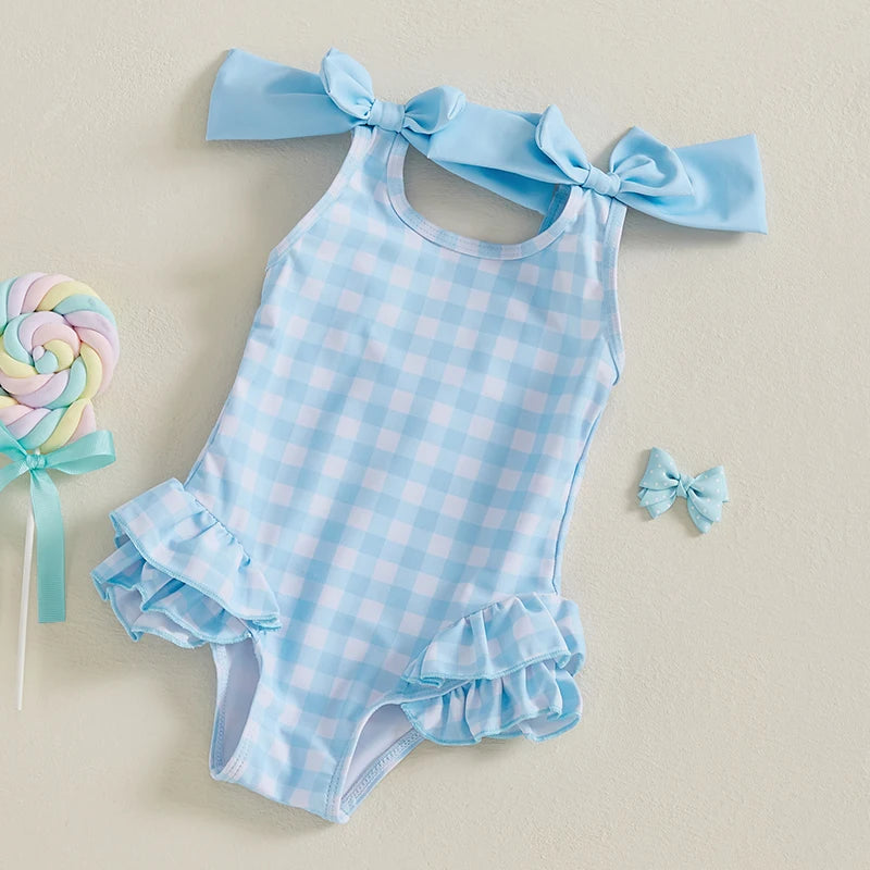 Toddler Baby Girls Swimsuit Romper Plaid Ruffles Two Bowknot Decor Beachwear Sleeveless Summer Beach Bathing Suit