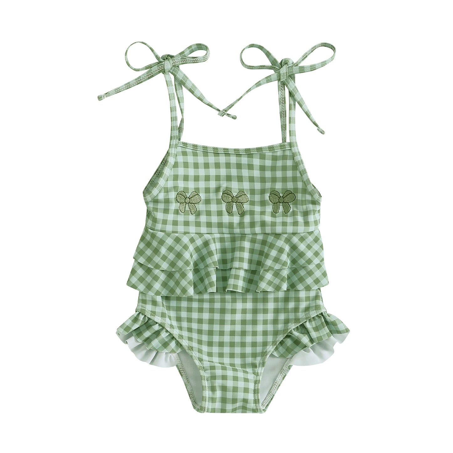 MISOWMNJOY Baby Strap Beachwear for Girls Swimsuit Cute Spaghetti Straps Tie-up Embroidery Bow Plaid Kids Swimming Bathing Suit