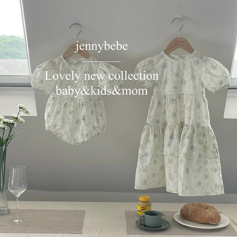 Girls Floral Lace Dress Ruffle Baby Romper Dress Summer Kids Short Sleeve Beach Dresses Toddler Bodysuit Sister Family Clothes