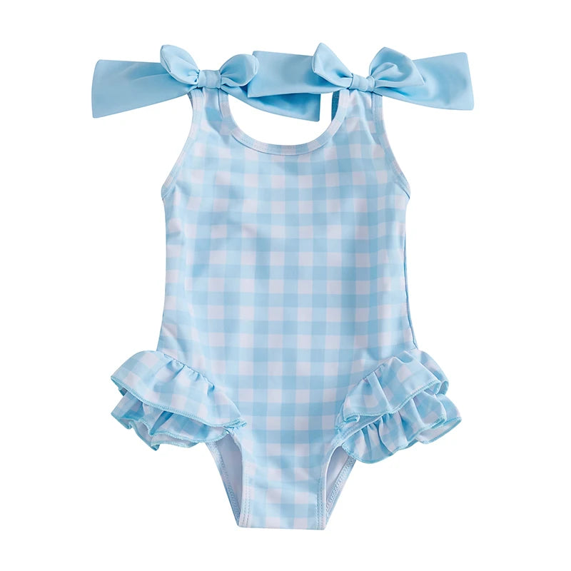 Toddler Baby Girls Swimsuit Romper Plaid Ruffles Two Bowknot Decor Beachwear Sleeveless Summer Beach Bathing Suit