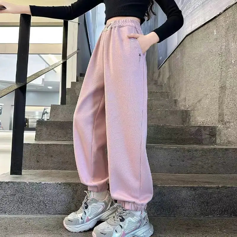 Spring Autumn Tween Girls Casual Sportswear Pants with Elastic Ankles, All-Season Gym Sweatpants for Kids