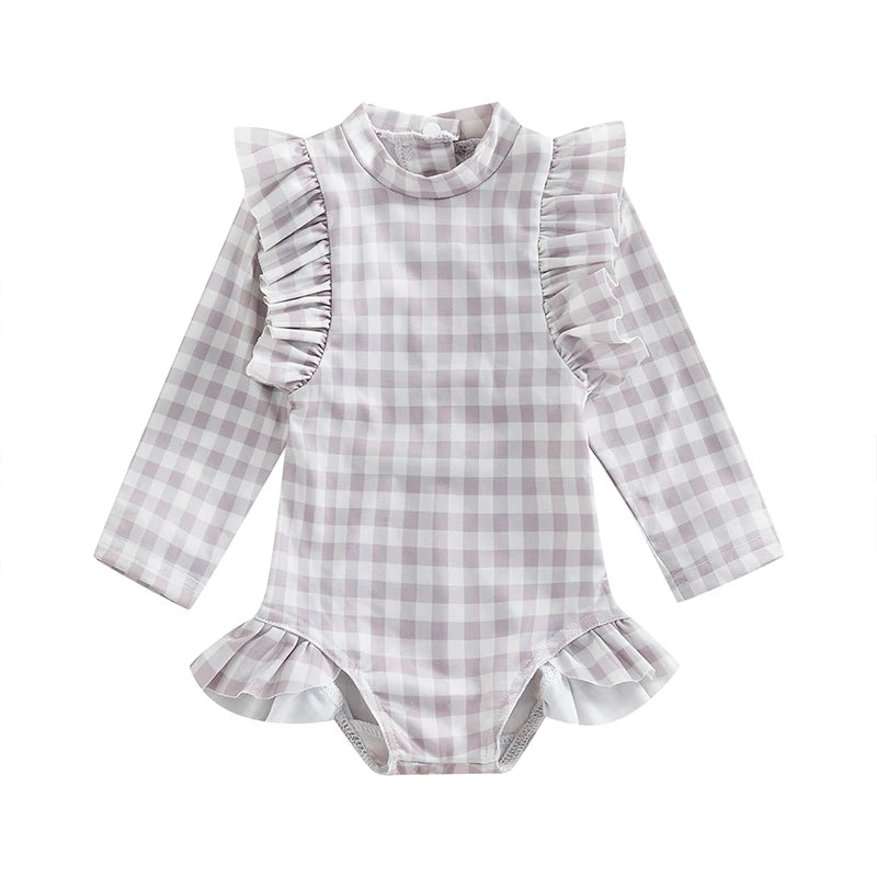 Tregren Kids Baby Girls Swimsuit Sweet Long Sleeve Crew Neck Floral Plaid Swimwear Summer Bathing Suit Swimming Pool Beachwear