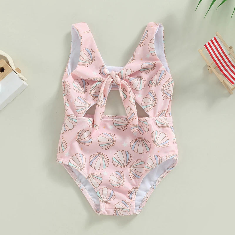 Toddler Baby Girls Swimsuit Summer Sleeveless Cute Floral/Shell Print Cutout Swimwear Swimming Pool Bathing Suit