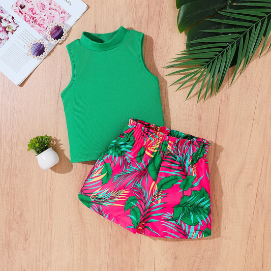 Girls Summer Fashion Set Green Sleeveless High Collar Top + Pink Print Shorts Tropical Style Children's Two-Piece Outfit