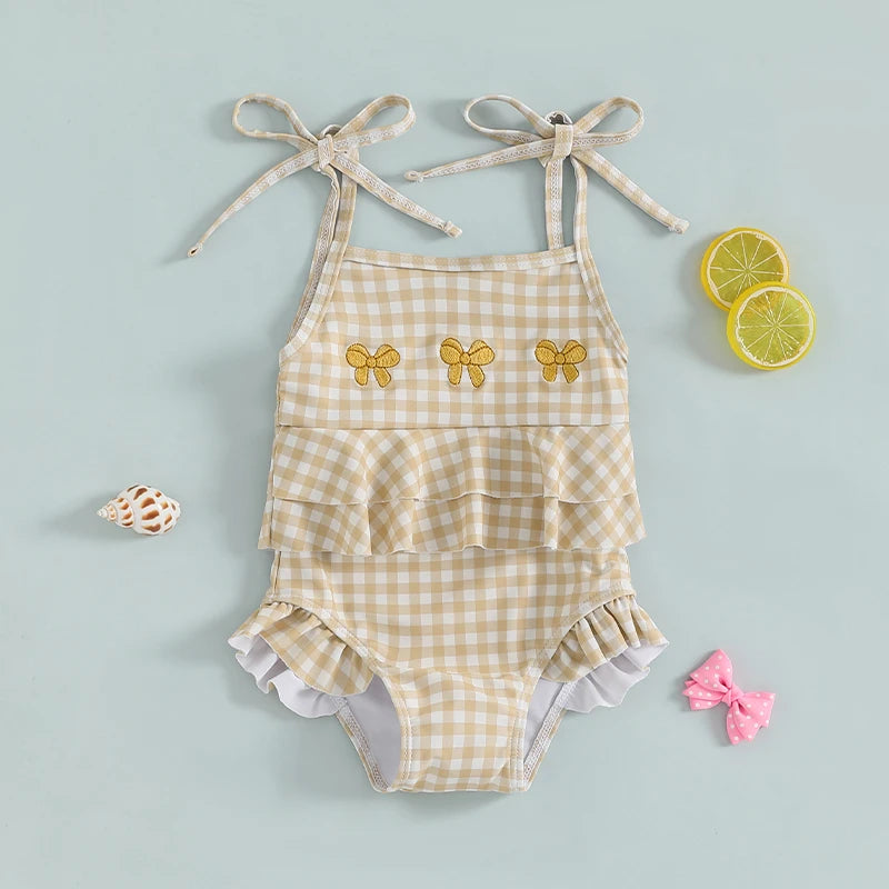 MISOWMNJOY Baby Strap Beachwear for Girls Swimsuit Cute Spaghetti Straps Tie-up Embroidery Bow Plaid Kids Swimming Bathing Suit