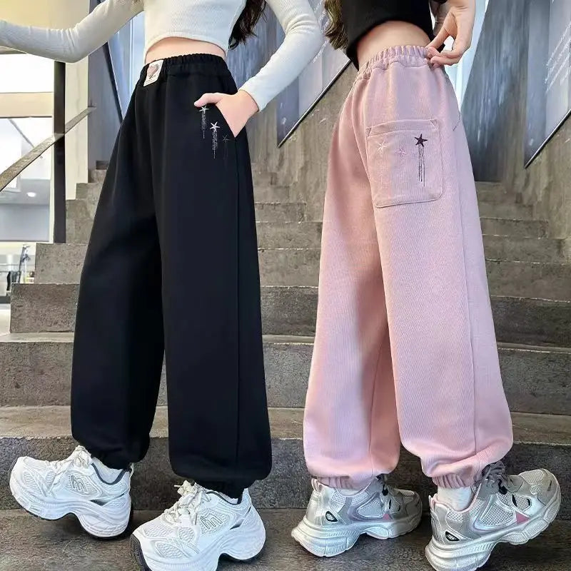 Spring Autumn Tween Girls Casual Sportswear Pants with Elastic Ankles, All-Season Gym Sweatpants for Kids