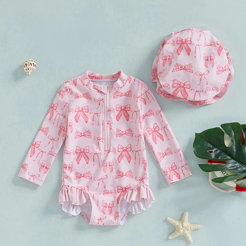 FOCUSNORM 0-3Y Lovely Infant Baby Girls Swimsuit Romper Long Sleeve O Neck Bow Print Bathing Suit Beach Swim Jumpsuits with Hat