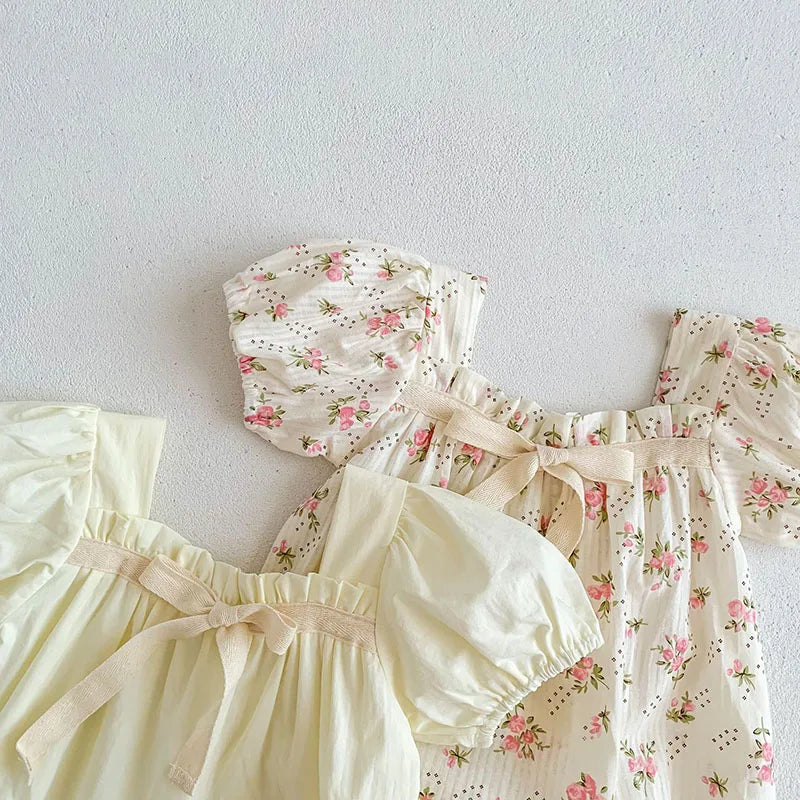 0-2 Years Old Newborn Baby Girl Summer Floral Puff Sleeve Romper with Bow-tie Princess Baby Rompers