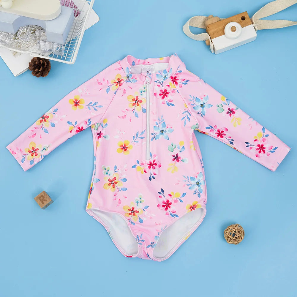 1Pc Baby Girls Swimsuit Long Sleeve Swimming Wear Sweet Comfortable Beachwear For Children Summer Bathing Suits 0-3Years