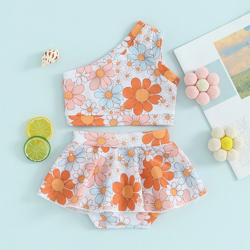 FOCUSNORM 0-4Y Toddler Kids Girls Swimsuit 2pcs Flowers Print One Shoulder Sleeveless Tops + Elastic Waist Swim Shorts