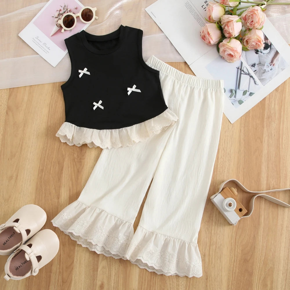 Summer Girls' Suits Cool And Comfortable Lace Hem Tank Bow Trim Top+Pants 2 Piece Set Cute Kids' Clothing Sets