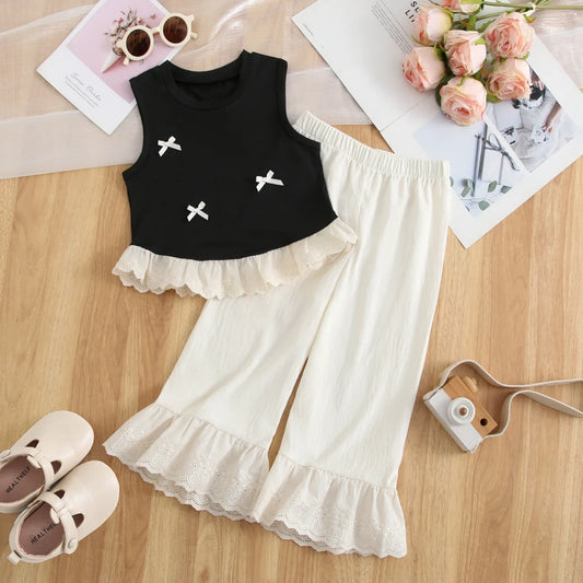 Summer Girls' Suits Cool And Comfortable Lace Hem Tank Bow Trim Top+Pants 2 Piece Set Cute Kids' Clothing Sets