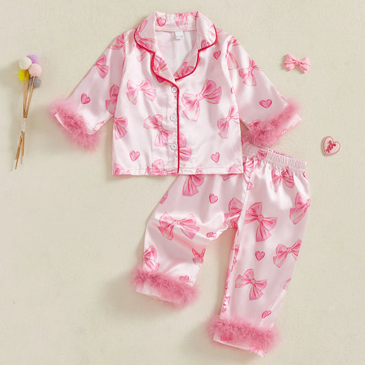 Kid Girl Satin Pajamas Set Bow Print Feather Cuffs Long Sleeve Lapel Button Down Tops with Pants Sleepwear