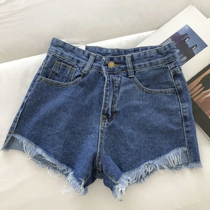 New Summer Women High Waist Raw Hem Denim Shorts