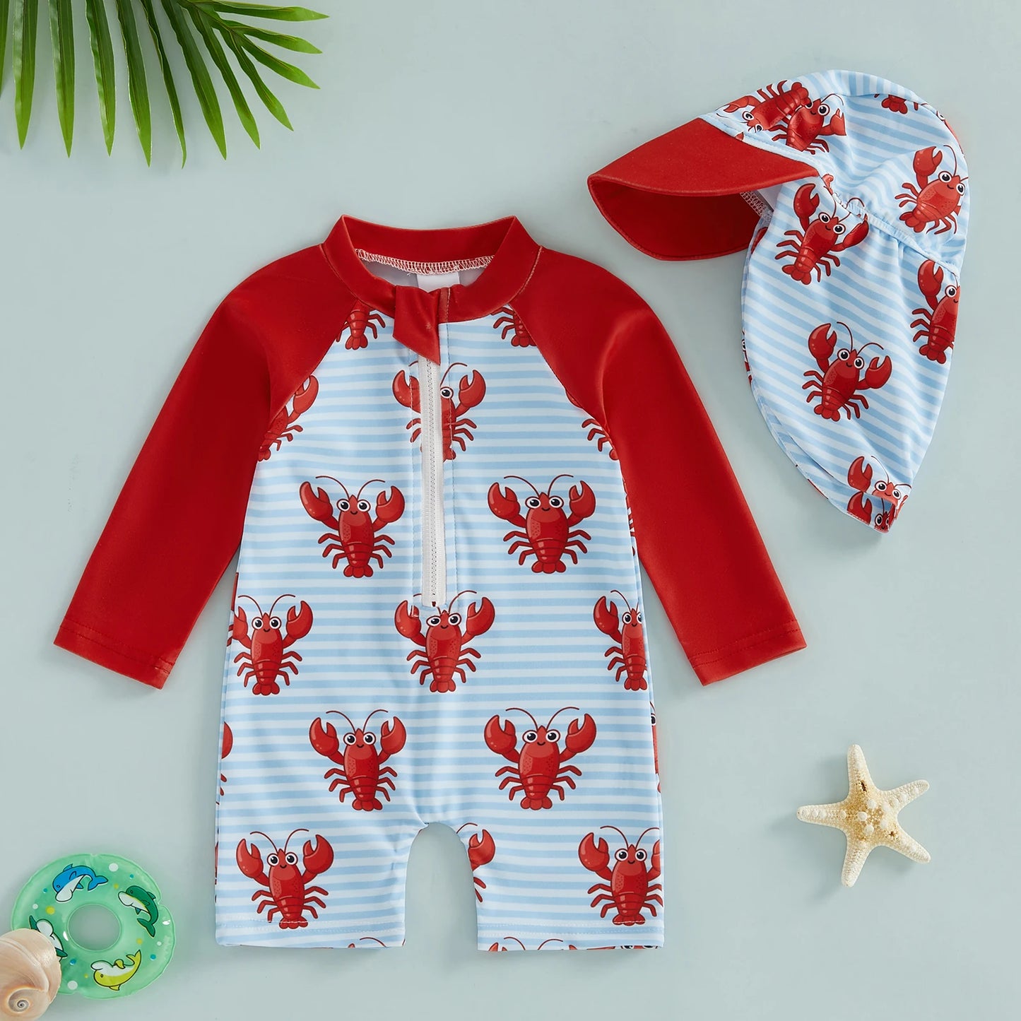 2Pcs Toddler Baby Boys Swimsuit Set Crew Neck Long Sleeve Lobster Print Upper Zipper Rash Guard Swimwear and Sun Hat