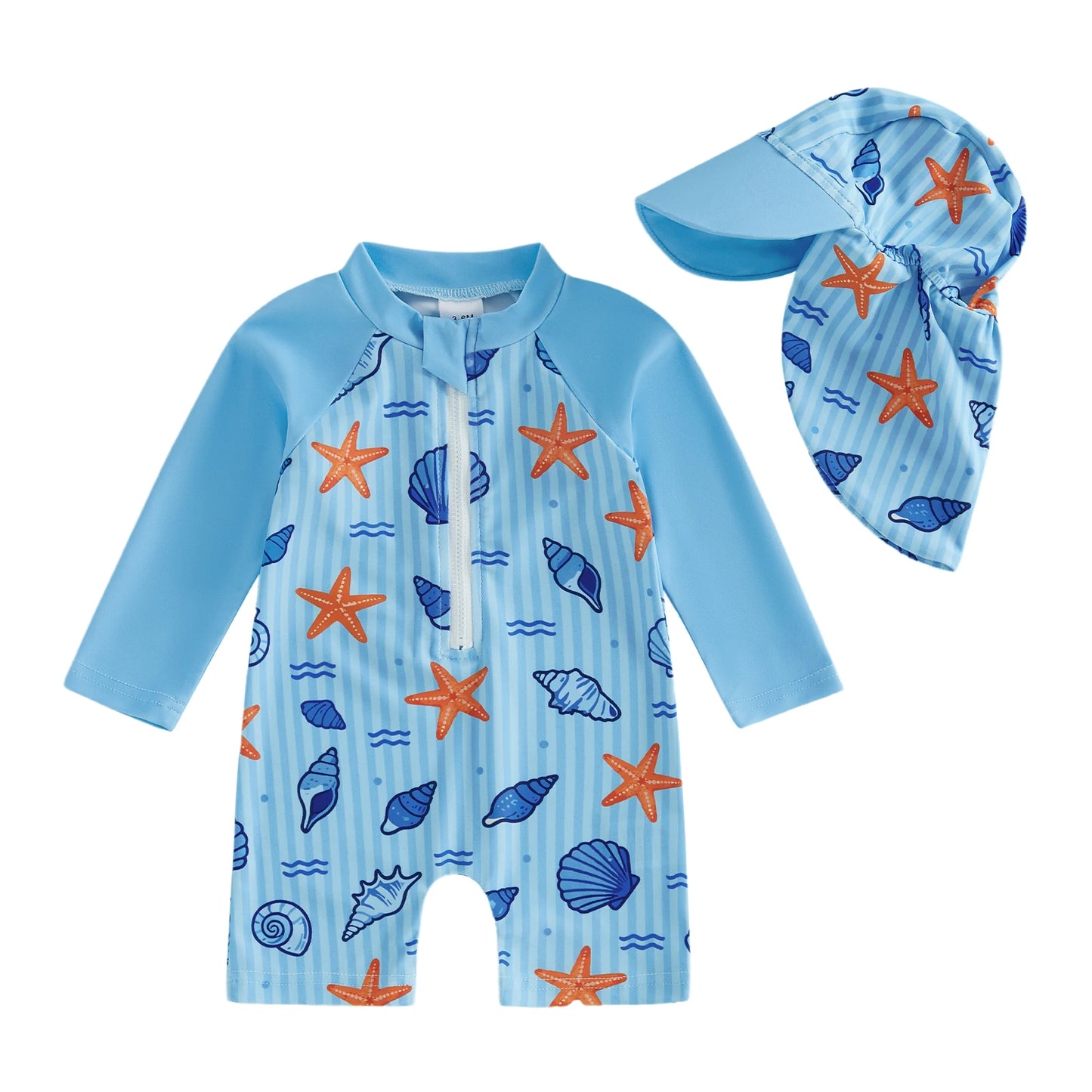2Pcs Toddler Baby Boys Swimsuit Set Crew Neck Long Sleeve Lobster Print Upper Zipper Rash Guard Swimwear and Sun Hat