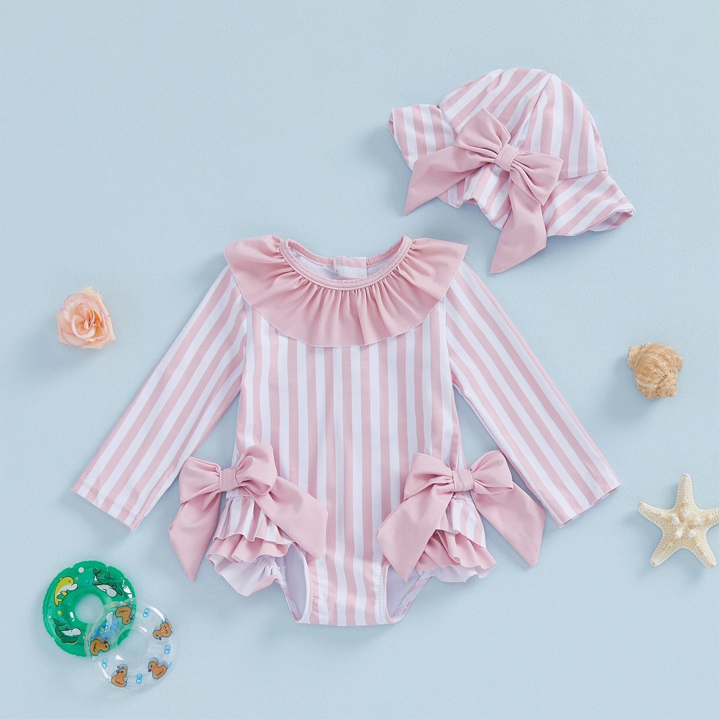 Baby Girls Swimsuit Striped Bow Bikini with Hat Newborn Swimwear for Summer Bathing