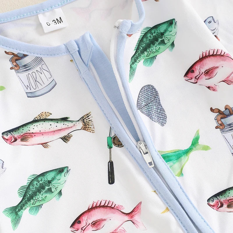 Casual Romper Long Sleeve Crew Neck Fish Print Oblique Zipper Jumpsuit