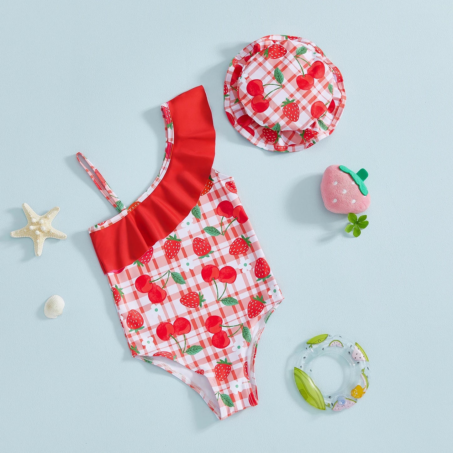 Toddler Baby Girls Swimsuit with Hat 2 Pcs Set Cherry Bow Strawberry Print Ruffled Trim Spaghetti Strap Sleeveless Swimwear