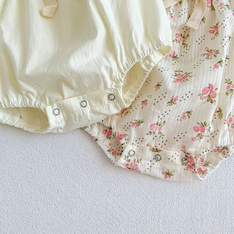 0-2 Years Old Newborn Baby Girl Summer Floral Puff Sleeve Romper with Bow-tie Princess Baby Rompers