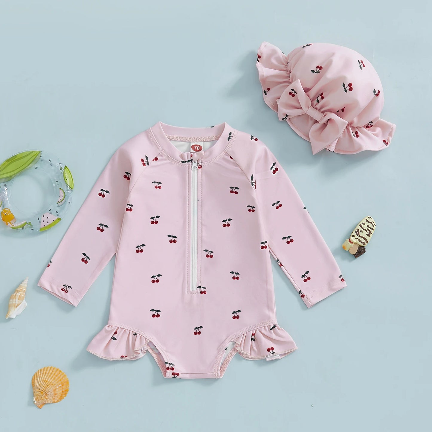 Toddler Baby Girl Rash Guard Swimsuit with Sun Hat 2 Piece Beachwear Children Long Sleeve Bow/Cherry Print Bathing Suit Swimwear