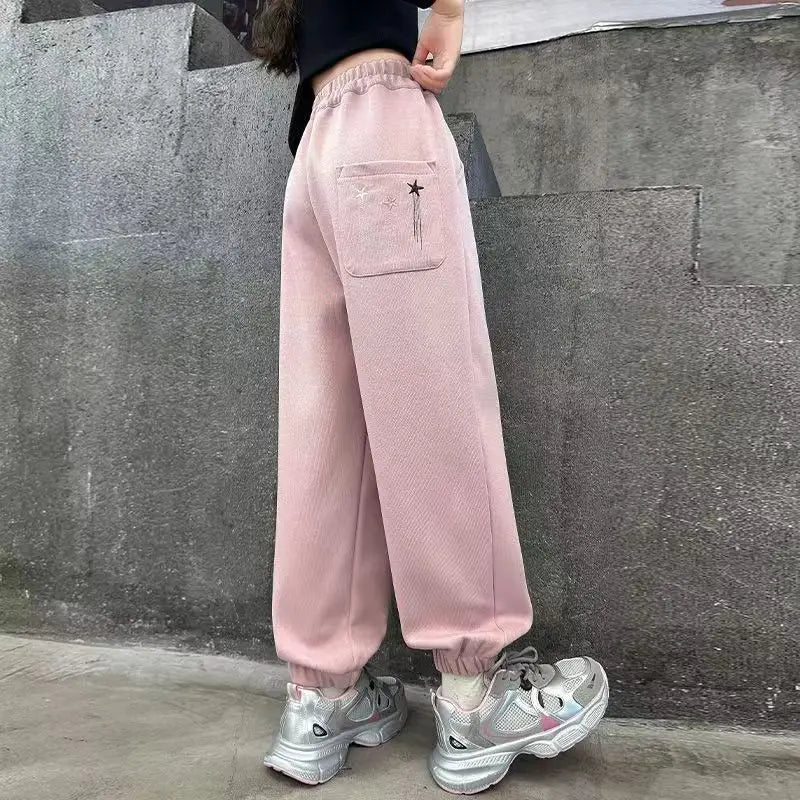 Spring Autumn Tween Girls Casual Sportswear Pants with Elastic Ankles, All-Season Gym Sweatpants for Kids
