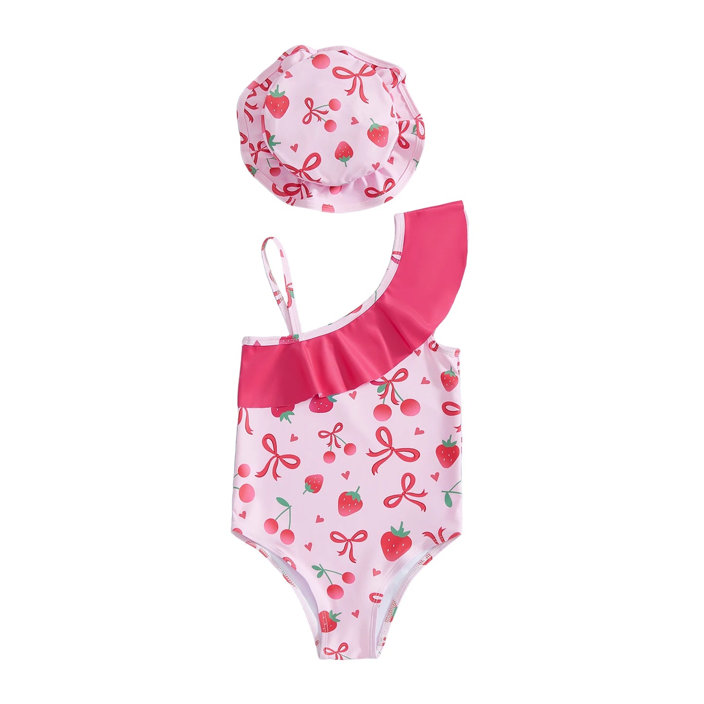 Toddler Baby Girls Swimsuit with Hat 2 Pcs Set Cherry Bow Strawberry Print Ruffled Trim Spaghetti Strap Sleeveless Swimwear