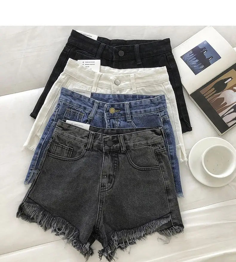 New Summer Women High Waist Raw Hem Denim Shorts