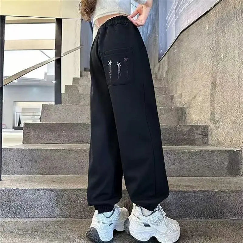Spring Autumn Tween Girls Casual Sportswear Pants with Elastic Ankles, All-Season Gym Sweatpants for Kids