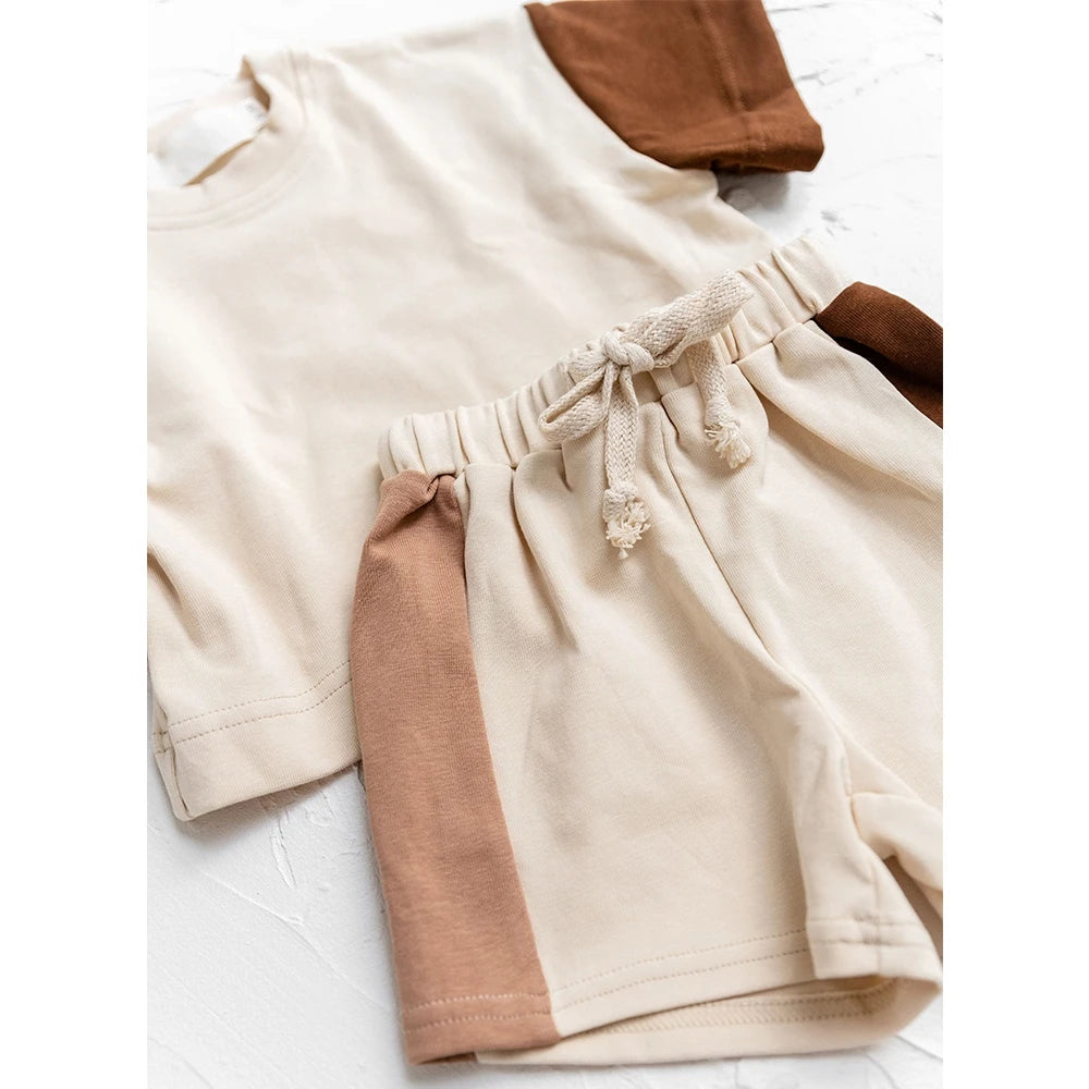 Summer Toddler Cotton Short Sleeve Top+Shorts Set Stitching Color Clothes