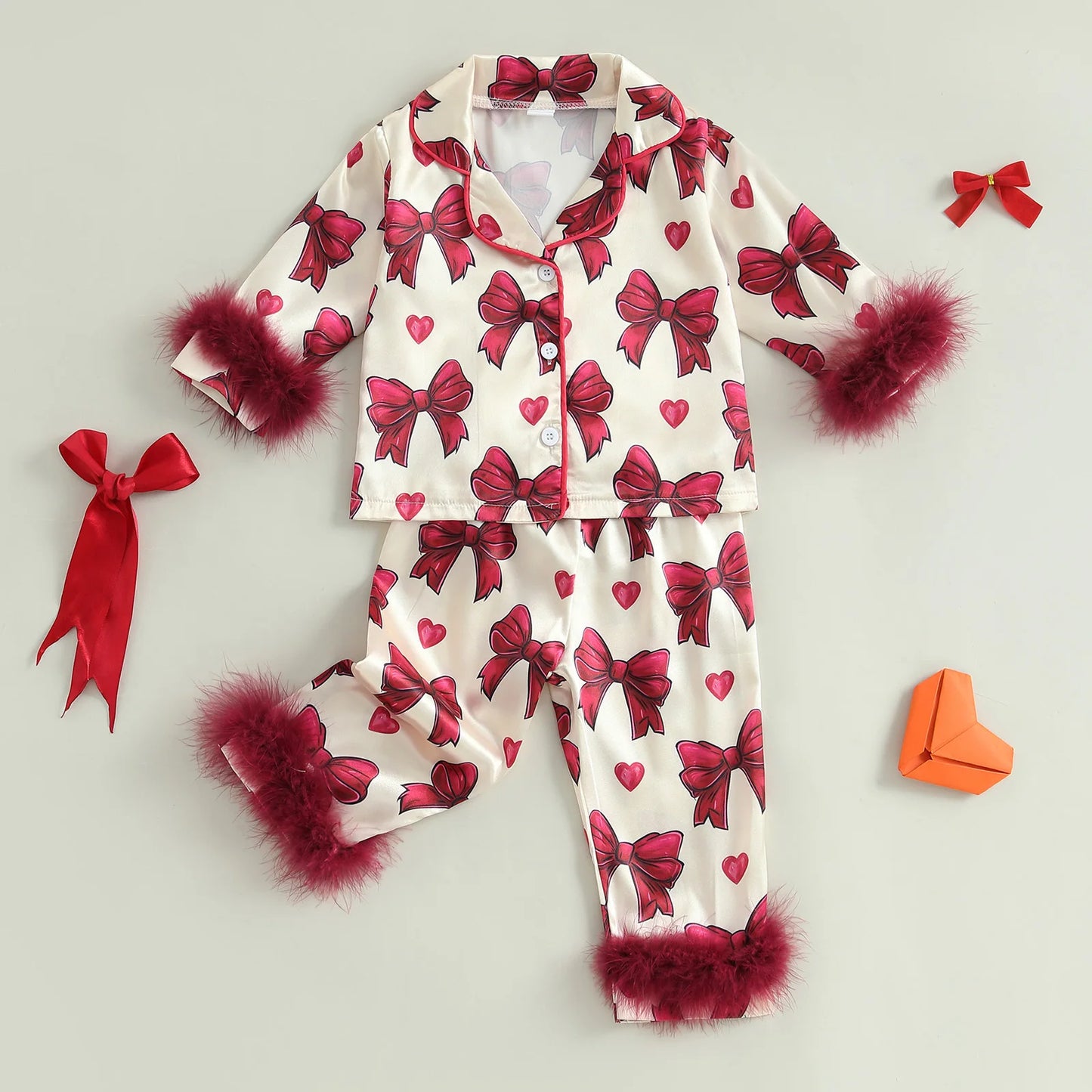 Kid Girl Satin Pajamas Set Bow Print Feather Cuffs Long Sleeve Lapel Button Down Tops with Pants Sleepwear
