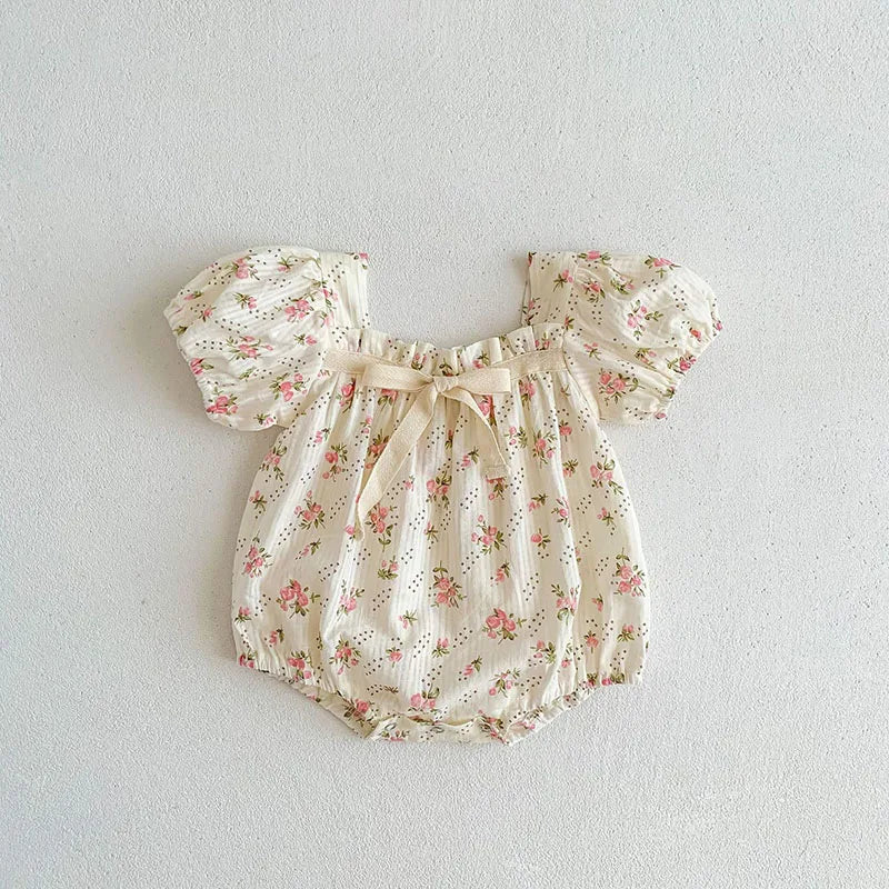 0-2 Years Old Newborn Baby Girl Summer Floral Puff Sleeve Romper with Bow-tie Princess Baby Rompers