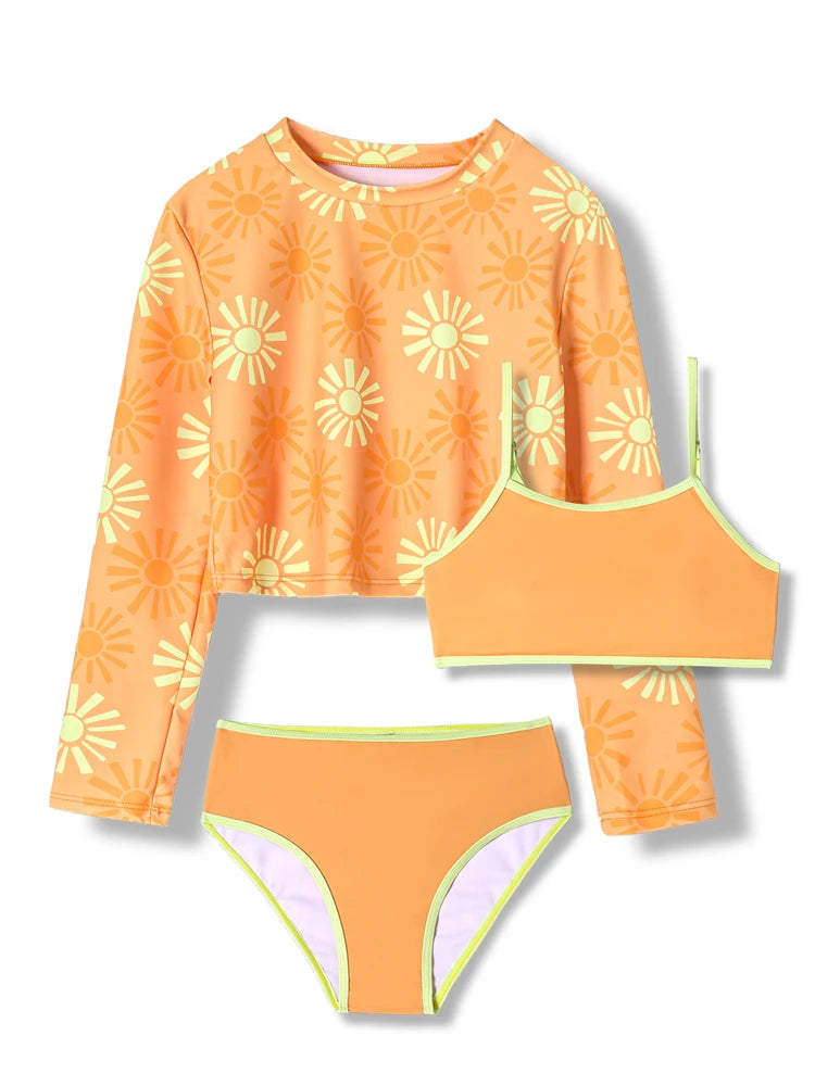 Bikini Kids Girls Swimsuit 2026 New Yellow Print Bikini Set Children Swimsuit Summer Long Sleeves Three Piece Beach Bathing Suit