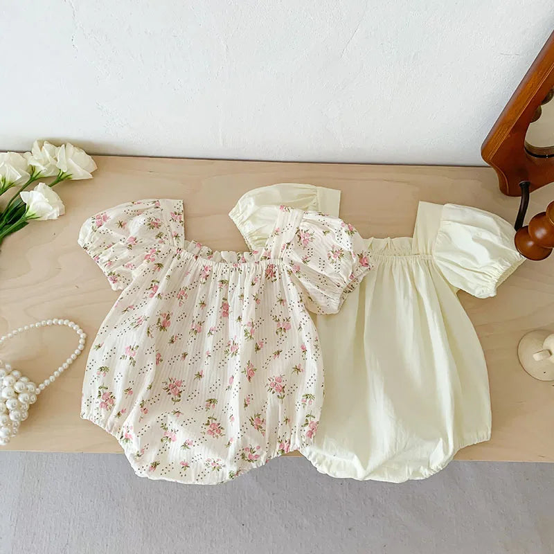 0-2 Years Old Newborn Baby Girl Summer Floral Puff Sleeve Romper with Bow-tie Princess Baby Rompers