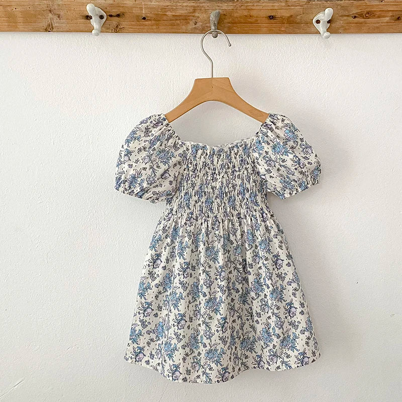 Toddler Girls Floral Princess Dress Little Girl Cotton Short Sleeve Blue Flowers Party Dress Summer Casual Dresses Kids Clothes