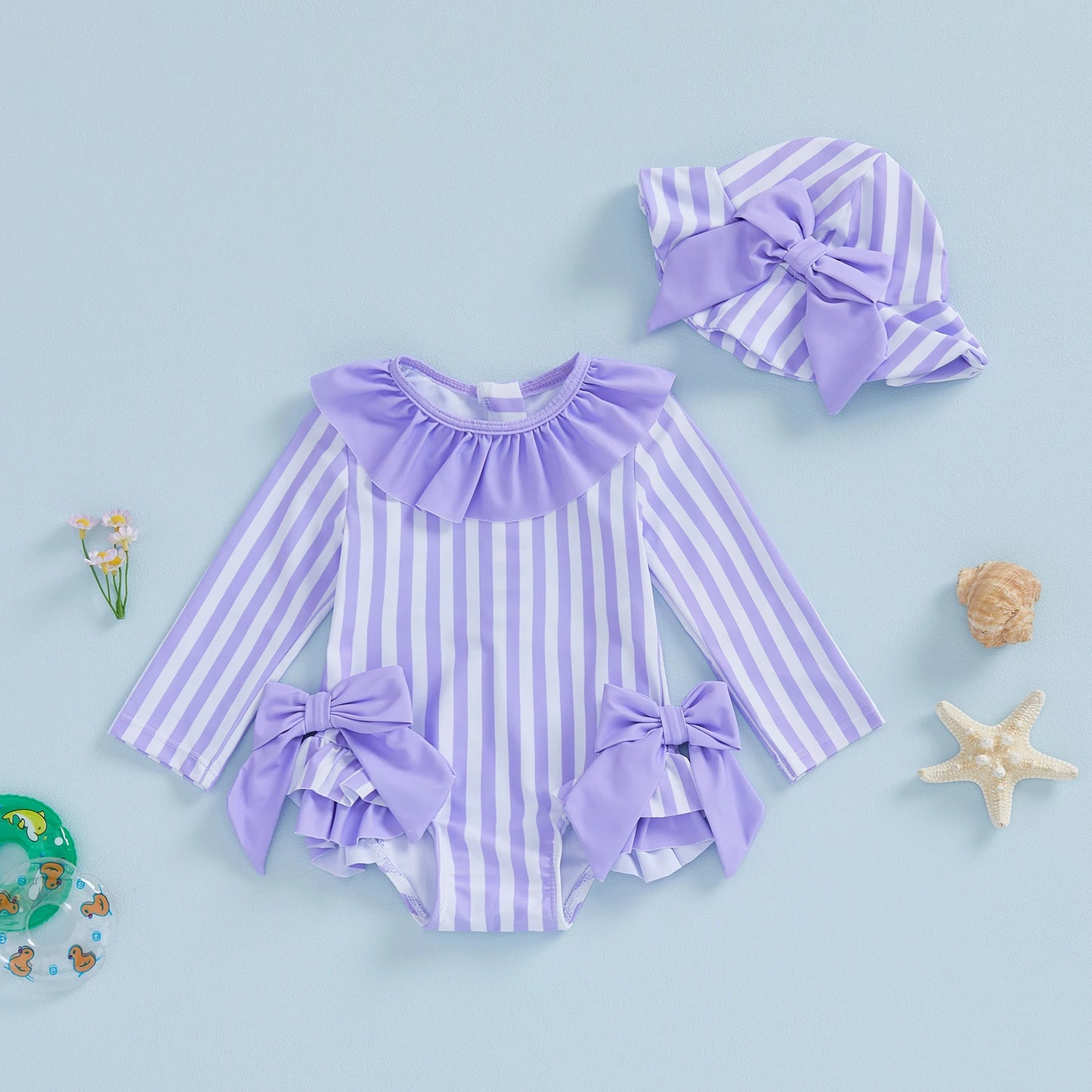 Baby Girls Swimsuit Striped Bow Bikini with Hat Newborn Swimwear for Summer Bathing