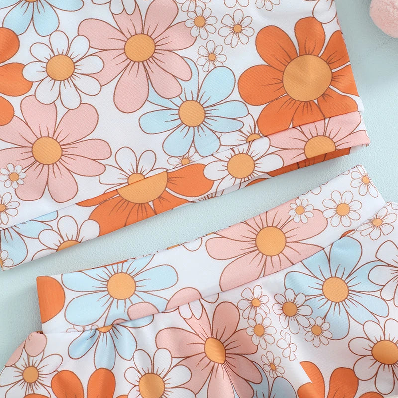 FOCUSNORM 0-4Y Toddler Kids Girls Swimsuit 2pcs Flowers Print One Shoulder Sleeveless Tops + Elastic Waist Swim Shorts