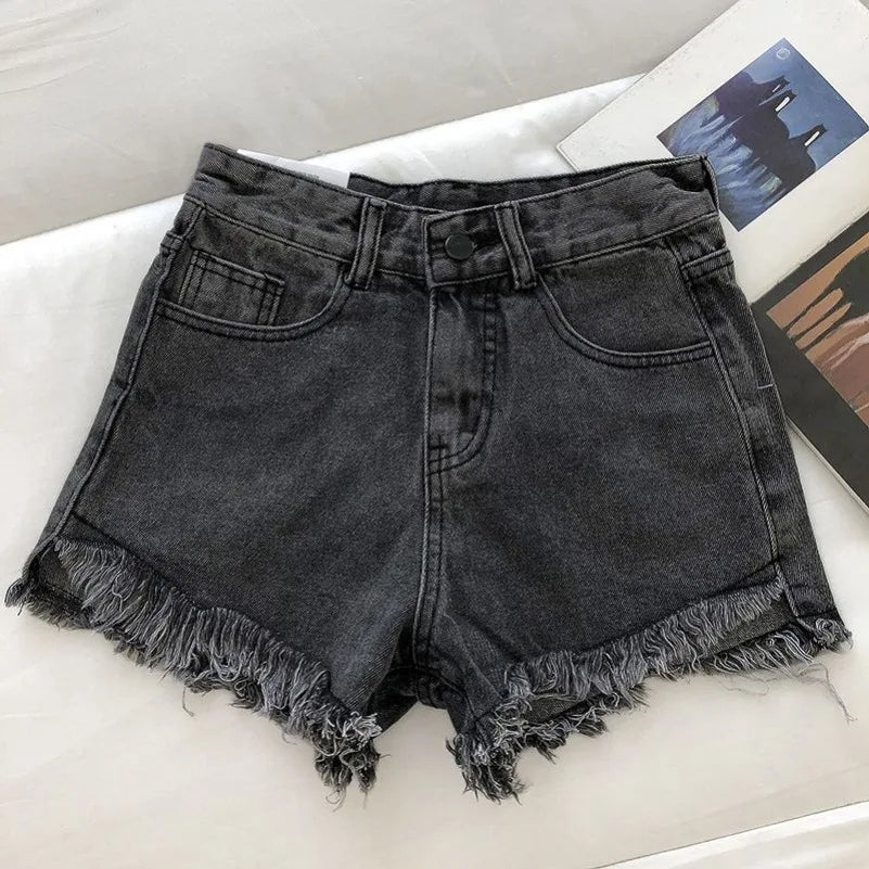 New Summer Women High Waist Raw Hem Denim Shorts