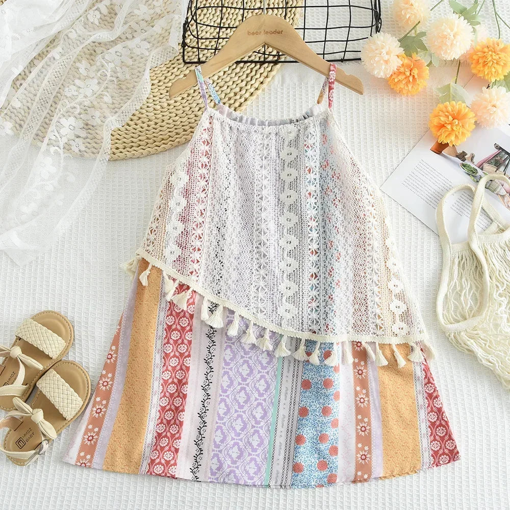 Bear Leader Summer Korean Version Girls Casual Dresses Printed Tassel Suspender Dress Sweet Cute Bohemian Style Kids Clothes