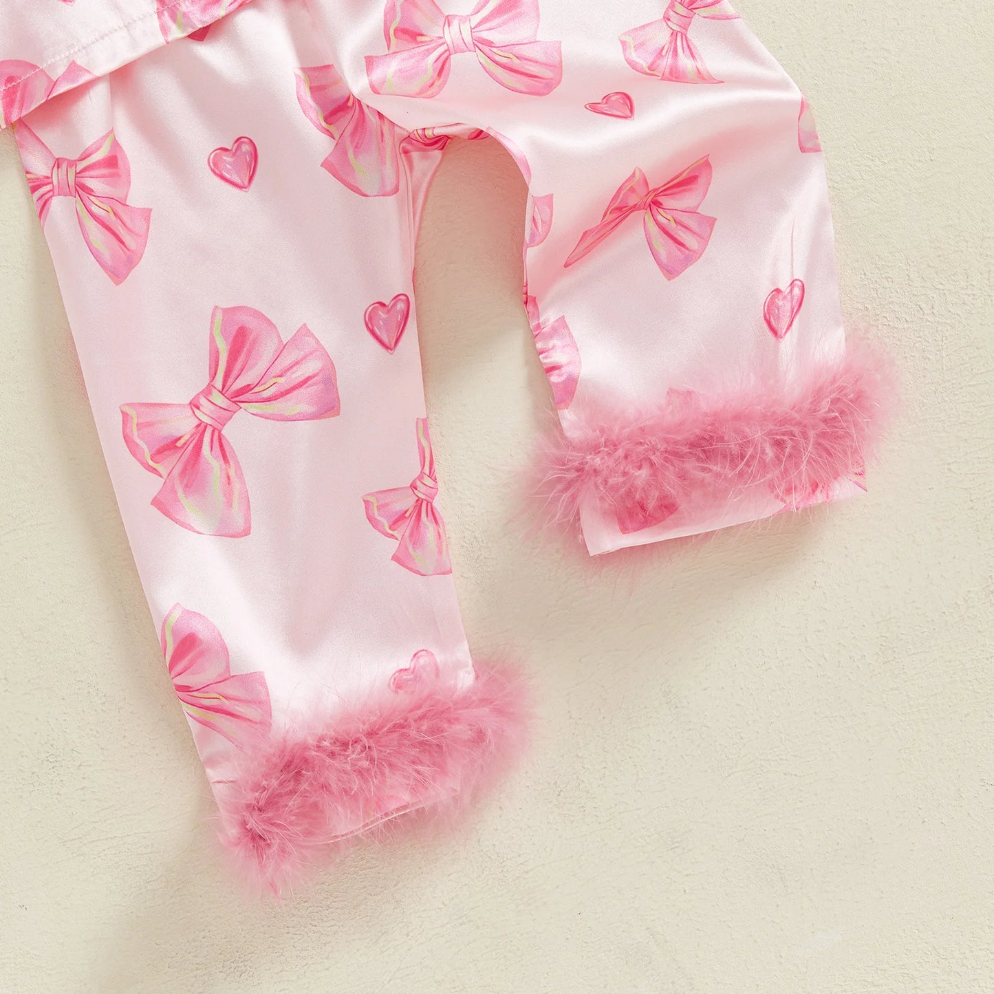 Kid Girl Satin Pajamas Set Bow Print Feather Cuffs Long Sleeve Lapel Button Down Tops with Pants Sleepwear