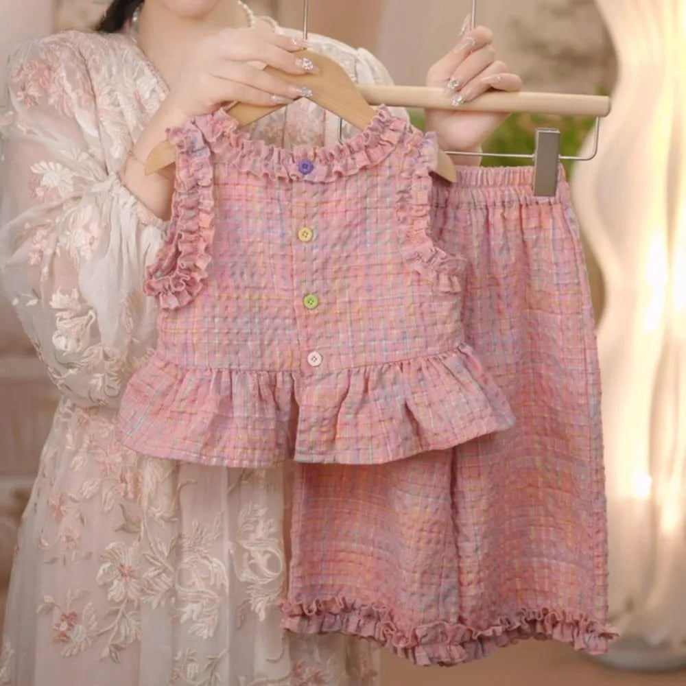 Bear Leader Children's Clothing Girls' Pink Clothing Summer Lace Contrasting Plaid Tank Top+Wide Leg Pants Two-piece Sets