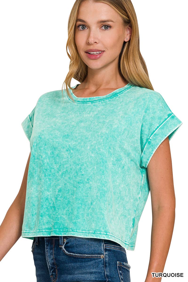 Zenana 100% Cotton Washed Cuffed Short Sleeve Tee