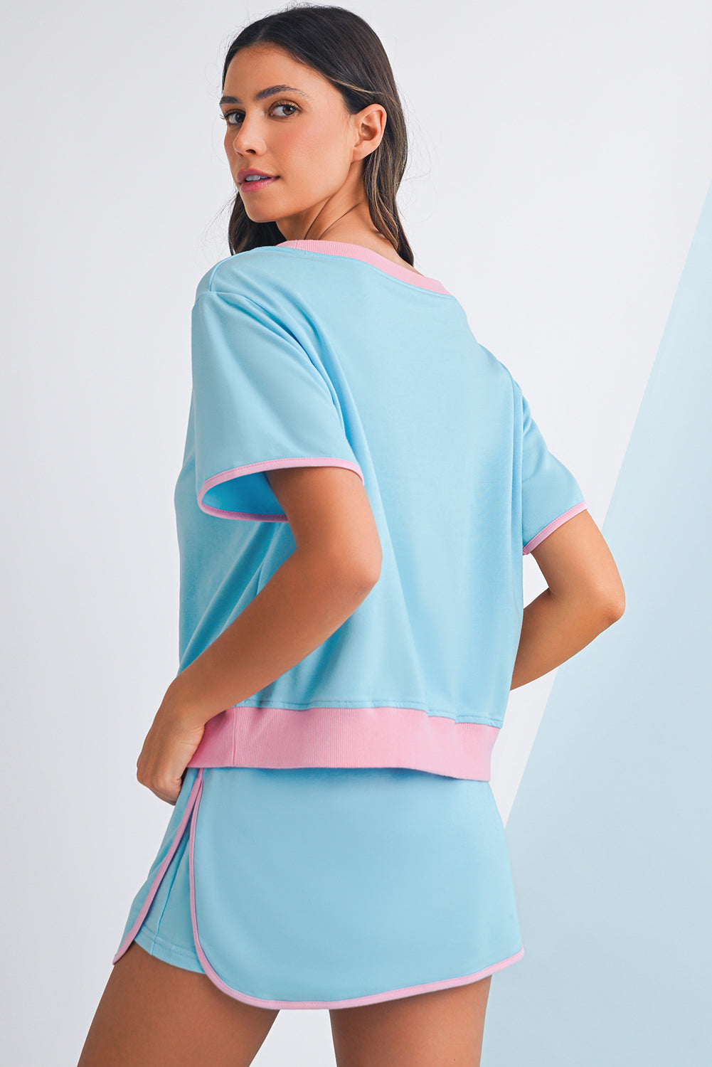 Turquoise Colorblock Edge Drop Shoulder T Shirt and Skort 2Pcs Set