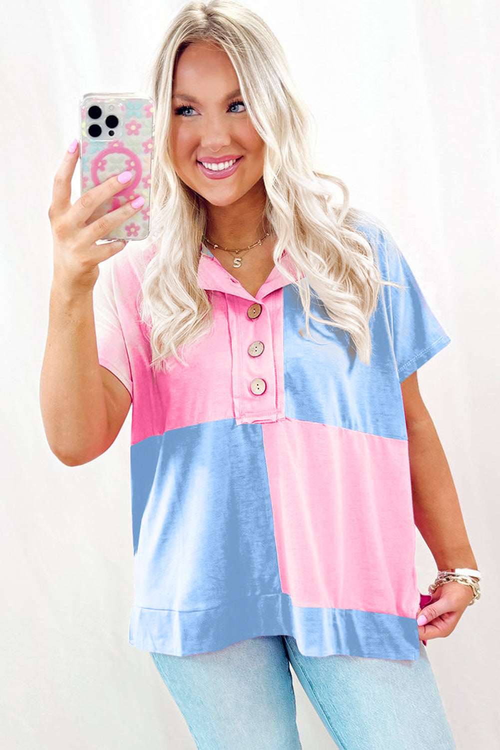 Two Tone Half Buttons Collared T Shirt