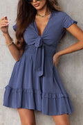 Blue Deep V Neck Self-tie Knotted Front Layered Flare Mini Dress
