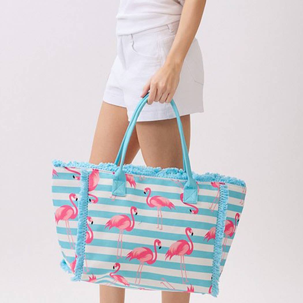 Flamingo Stripe Fringe Tote Bag