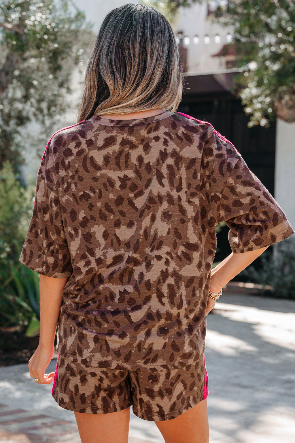 Brown Contrast Striped Accent Leopard Short Set