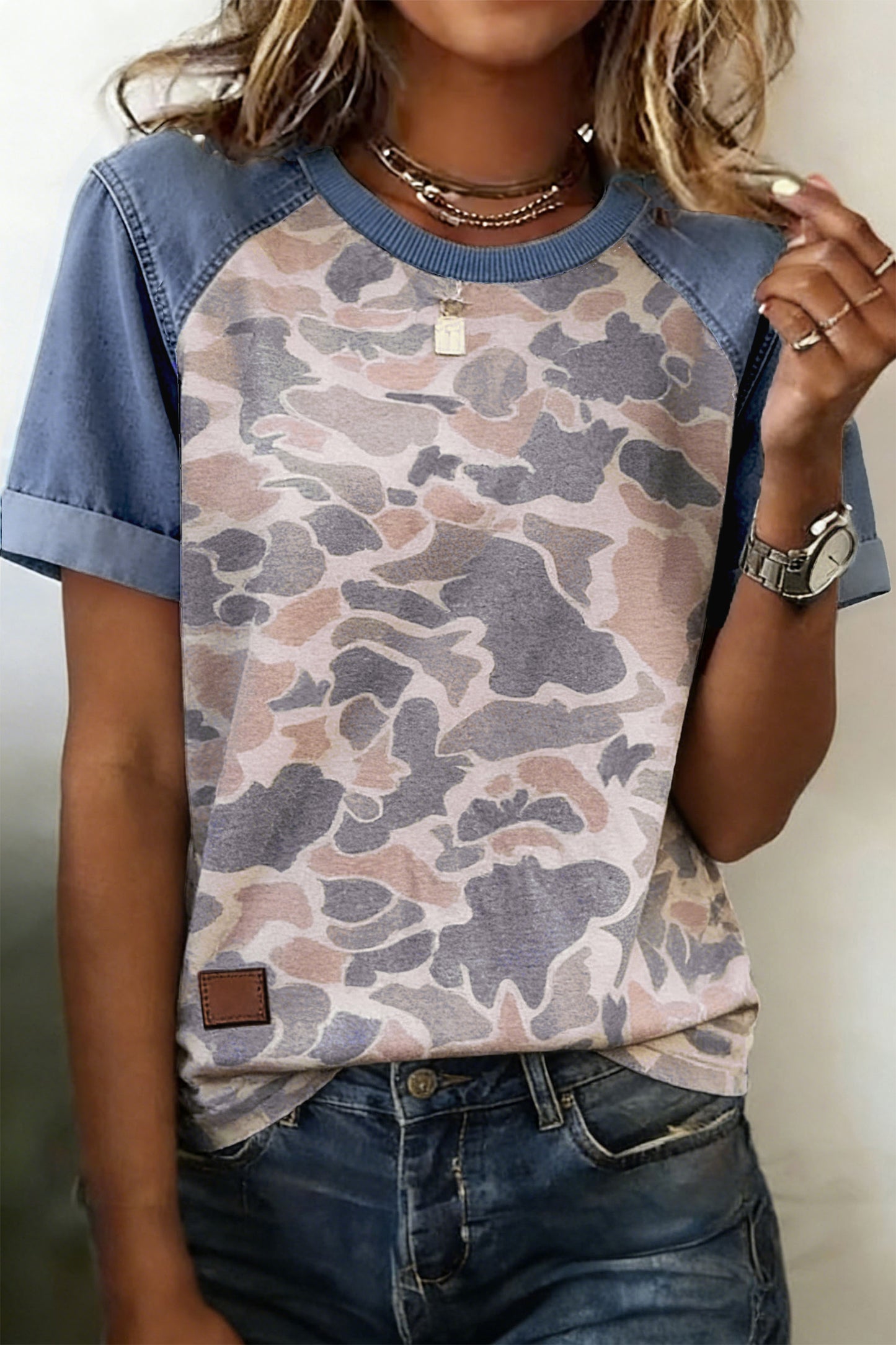 Multicolour Camouflage Print Denim Color Block Sleeve Casual Tee