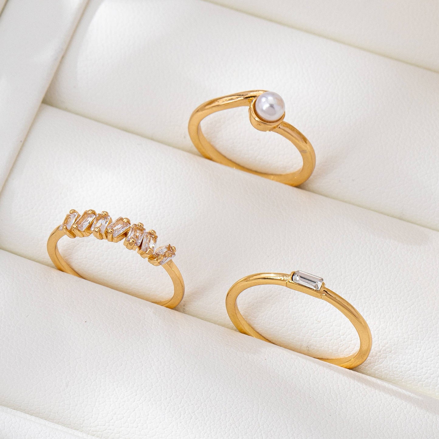 Pearl & Crystal Delicate Gold Ring Trio | 80R159